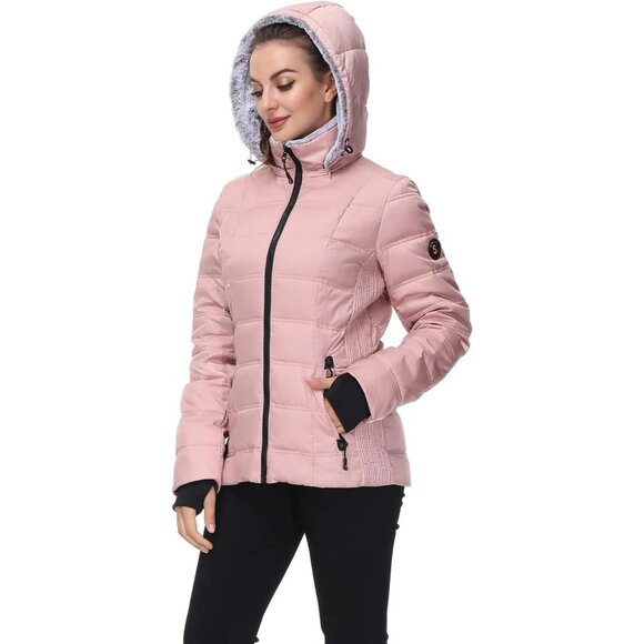 π Women Pink Down Puffer Jacket Warm Winter Coat Faux-Fur Collar Hooded Comfort - Picture 2 of 7